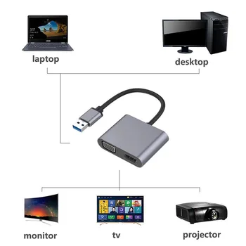 Конвертер аудио-видео с USB в HD-конвертер VGA с двойным дисплеем, поддерживающий HDMI-совместимый выход синхронизации VGA для Windows7/8/10/11 macOS
