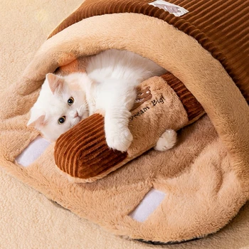 Новая Зимняя Кошачья Кровать, Съемный Теплый Полузакрытый Спальный мешок для домашних животных, Кровать для собаки, Домик Для кошек, Подушка-гнездо с подушкой