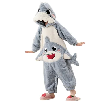Детский костюм животного Акулы унисекс, милый цельный плюшевый комбинезон с капюшоном на Рождество, зимняя пижама, одежда