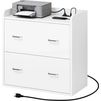 Картотечный шкаф из дерева Dextrus с зарядной станцией, боковой картотечный шкаф, подставка для принтера Подходит для файлов формата А4, белый