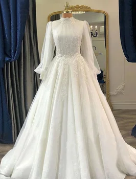 Винтажное свадебное платье трапециевидной формы с высоким воротом и длинным рукавом, Свадебная вечеринка по случаю помолвки, Придворный шлейф, кружевные аппликации с цветами 2023 года.