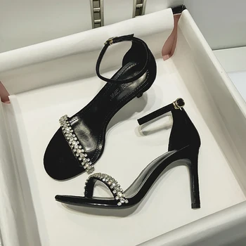 Новые французские черные сексуальные туфли на высоком каблуке, элегантный шарм, летняя полоска, босоножки со стразами, вечерние женские туфли