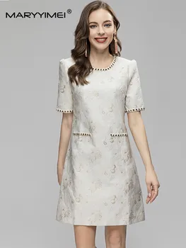MARYYIMEI, модное дизайнерское летнее женское платье с короткими рукавами и цветочным принтом, высококачественные белые мини-платья с круглым вырезом