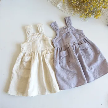 6731 Детское платье 2023, новинка лета, Корейское платье на бретельках для девочек без рукавов, однотонное повседневное платье для детей от 1 до 7 лет