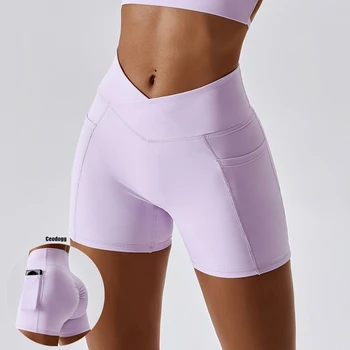 Нейлоновый карман, шорты для йоги с высокой V-образной талией, женские шорты для йоги, отжимания от ягодиц, упражнения для тренировки спортивной попы, женские шорты для активного ношения