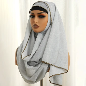Модные Женские мусульманские солнцезащитные Хиджабы Шарф из серебряной проволоки, Большая шаль, Женская Однотонная Мягкая Длинная Универсальная Бандана, Исламский платок