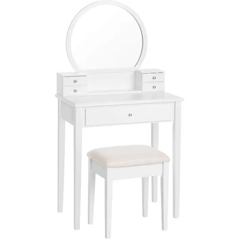 Туалетный столик для макияжа VASAGLE Vanity Set с Зеркалом, Пуфиком, 5 Выдвижными ящиками, 27,6 x 15,7 x 52,8 дюйма, Белый