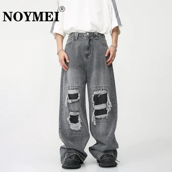 NOYMEI дизайнерские джинсовые осенние мужские прямые брюки с отверстиями, однотонные джинсовые универсальные брюки в корейском стиле high street, WA1898