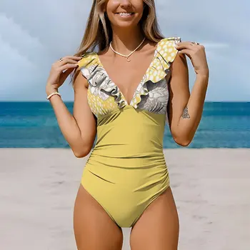 Цельный купальник с рюшами и подтяжками для женщин, блузка на шнуровке, бикини с мандариновым принтом, пляжная одежда с глубоким V-образным вырезом