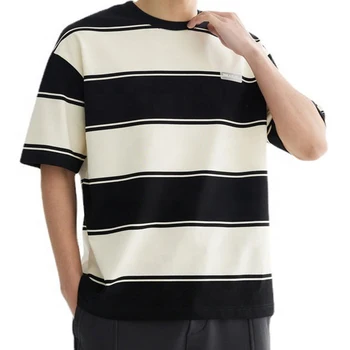 Повседневная универсальная мужская футболка в полоску с круглым вырезом и короткими рукавами, новинка лета 2023, дышащая и удобная