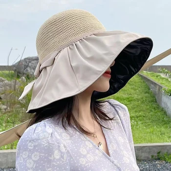 Летняя черная резиновая солнцезащитная шляпа с бантом, женская солнцезащитная шляпа с защитой от ультрафиолета, солнцезащитный козырек с широкими полями, вязаная полая солнцезащитная шляпа, пляжные шапочки для купания