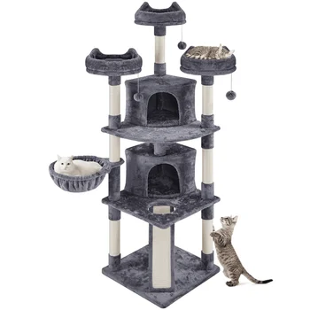Большая многоуровневая башня на кошачьем дереве с квартирами и насестами, темно-серая