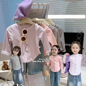 Детская полосатая нижняя рубашка для девочек, Модная короткая футболка для малышей, осень-зима, простые топы с длинными рукавами, Универсальный повседневный костюм