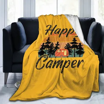 Фланелевое одеяло Happy Camper для кемпинга, пеших прогулок, Портативное антипилинговое Теплое тонкое покрывало, Мягкое флисовое легкое покрывало на кровать