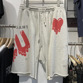 Saint Michael X EU Co-Branded Style, мужские и женские шорты с принтом в виде сердца, уличная мода, уничтожающая стирка