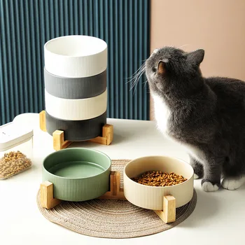 Деревянная рамка Керамическая миска для домашних животных Простая миска для кошек и собак Встроенная миска для кошачьего корма для предотвращения проливания воды