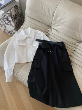Белая повседневная рубашка стандартный эластичный пояс с двойным карманом, юбка с высокой талией, комплект юбок-карго 821
