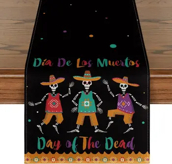 Dia De Los Muertos Настольная дорожка с сахарным черепом и скелетами День Мертвых Украшение кухонного обеденного стола Декор для домашней вечеринки на открытом воздухе