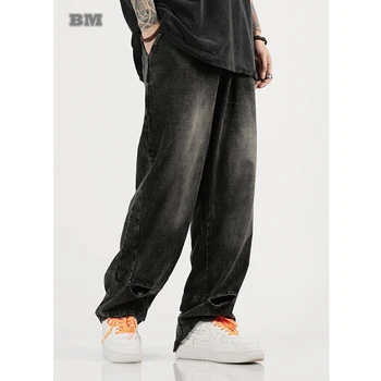Американская уличная одежда в стиле хип-хоп, прямые рваные джинсы, мужская одежда, Японские повседневные брюки высокого качества Harajuku, Джинсовые брюки-карго