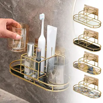 Настенный стеллаж для ванной комнаты для стакана для полоскания рта, зубных щеток, зубной пасты, Роскошная полка для ванной комнаты Без сверления C3A4