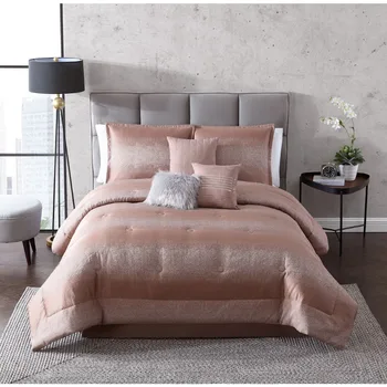 Комплект жаккардовых одеял в металлическую полоску из 7 предметов, розово-золотой, Полный комплект постельного белья / Queen-size, простыни и наволочки