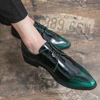 Роскошные мужские вечерние туфли с зеркальным отражением, лакированные кожаные туфли с острыми носками, мужские деловые модельные туфли на шнуровке, вечерние зеленые туфли-оксфорды