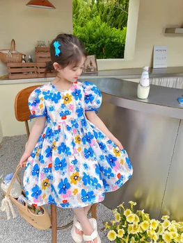 Летнее повседневное платье принцессы с короткими рукавами и цветочным принтом для детей и девочек, прекрасный наряд, милая юбка для детей 2-8 лет