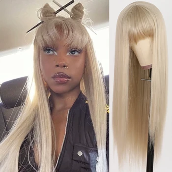 Синтетические парики цвета пепельной блондинки Maycaur с челкой, косплей-парик для женщин, высокотемпературные натуральные прямые волосы