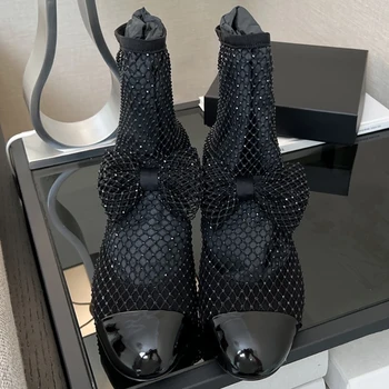 Spenneooy, летняя мода, черные цвета, Элегантные туфли на круглом каблуке, женские туфли из сетчатой пряжи с кристаллами и узлами-бабочками
