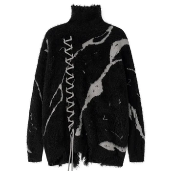 Зимний черный высокий воротник мужской мягкий пушистый вязаный свитер мода Harajuku панк готический уличная негабаритных унисекс пуловер
