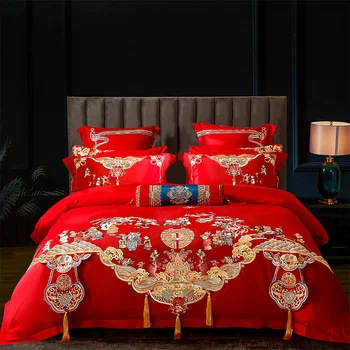 Роскошный красный китайский традиционный свадебный комплект постельного белья из Египетского хлопка С вышивкой Пододеяльник Простыня Или покрывало Наволочки