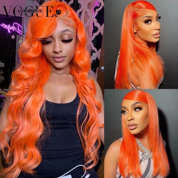 Ярко-оранжевые свободные парики с объемной волной из Бразильских натуральных человеческих волос 13x4 с прозрачным кружевом HD спереди, шелковистый Прямой парик для женщин