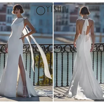 OYISHA/ Пикантные свадебные платья с открытой спиной и бантом-русалочкой, простое атласное свадебное платье с нежным кружевом в богемном стиле, vestidos de noiva