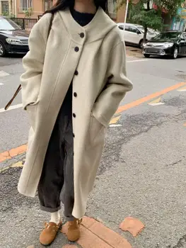 Шерстяные куртки с капюшоном 2023 Осень / зима в корейском стиле с одной закрытой пуговицей из кроличьей шерсти, свободные длинные женские шерстяные пальто