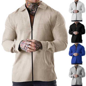 2023 Кардиган Мужское осеннее новое пальто на молнии Повседневная мужская куртка-поло с длинным рукавом и воротником-вафлей