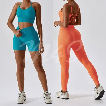 Бесшовный женский комплект для йоги из 2 предметов, спортивный костюм для занятий в тренажерном зале, леггинсы для фитнеса, шорты, одежда для бега.
