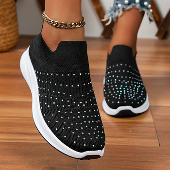 Женские трикотажные кроссовки на платформе с кристаллами, большие размеры, повседневная спортивная обувь из сетчатого материала без застежки, женская осенняя обувь с дышащими носками 2023 года, Mujer