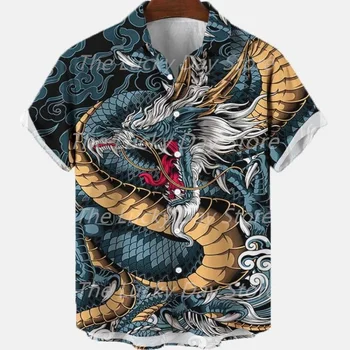 Летняя мужская повседневная винтажная Гавайская рубашка с цветочным узором Оверсайз, рубашка с коротким рукавом, Уличная роскошная одежда с рисунком дракона.