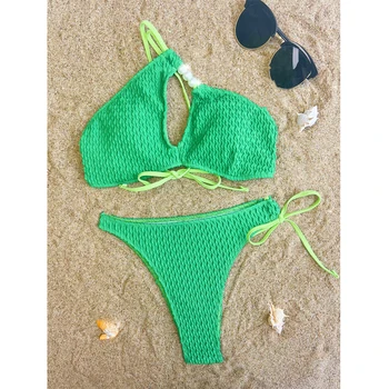 Купальник Танкини на одно плечо, пляжная одежда, зеленый купальник с низкой талией, бикини, женские купальники, женский бандажный купальник, женский купальник