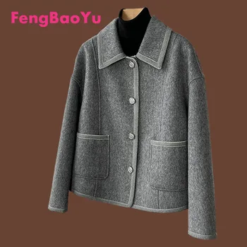 Fengbaoyu / Осенне-Зимнее Новое Женское Двустороннее Кашемировое пальто, Короткая Корейская блузка С круглым вырезом из 100% Чистой шерсти, Рисовое Белое пальто