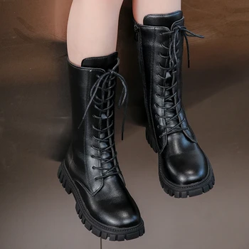 Детские сапоги до середины икры для девочек, черная нескользящая узкая лента, 2023 г., однотонная детская обувь для подиума принцессы, универсальная Бесплатная доставка