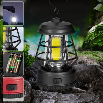 Водонепроницаемый портативный походный фонарь Ретро-светодиодная лампа на батарейках с металлическим крючком, аккумуляторная походная лампа для кемпинга в ураган