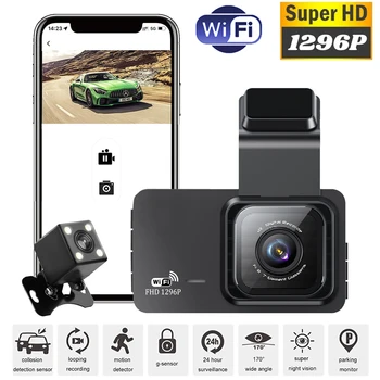 Автомобильный видеорегистратор Wifi Dash Cam Камера переднего и заднего вида 1296P HD видеорегистратор для вождения Парковочный монитор ночного видения Автоматический черный ящик