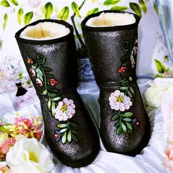 Новая осенне-зимняя обувь в Европе и США, винтажная вышивка ручной работы с блестками, плоская шерстяная воловья кожа, женская хлопковая обувь