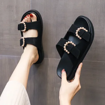 Женская обувь из матовой замши в европейском и американском стиле, сандалии на платформе с жемчугом, повседневные пляжные сандалии