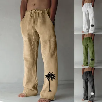 Весенне-осенние мужские модные прямые брюки с эластичным шнурком, брюки с передним карманом с принтом кокосовых пальм, Комфортные Мягкие